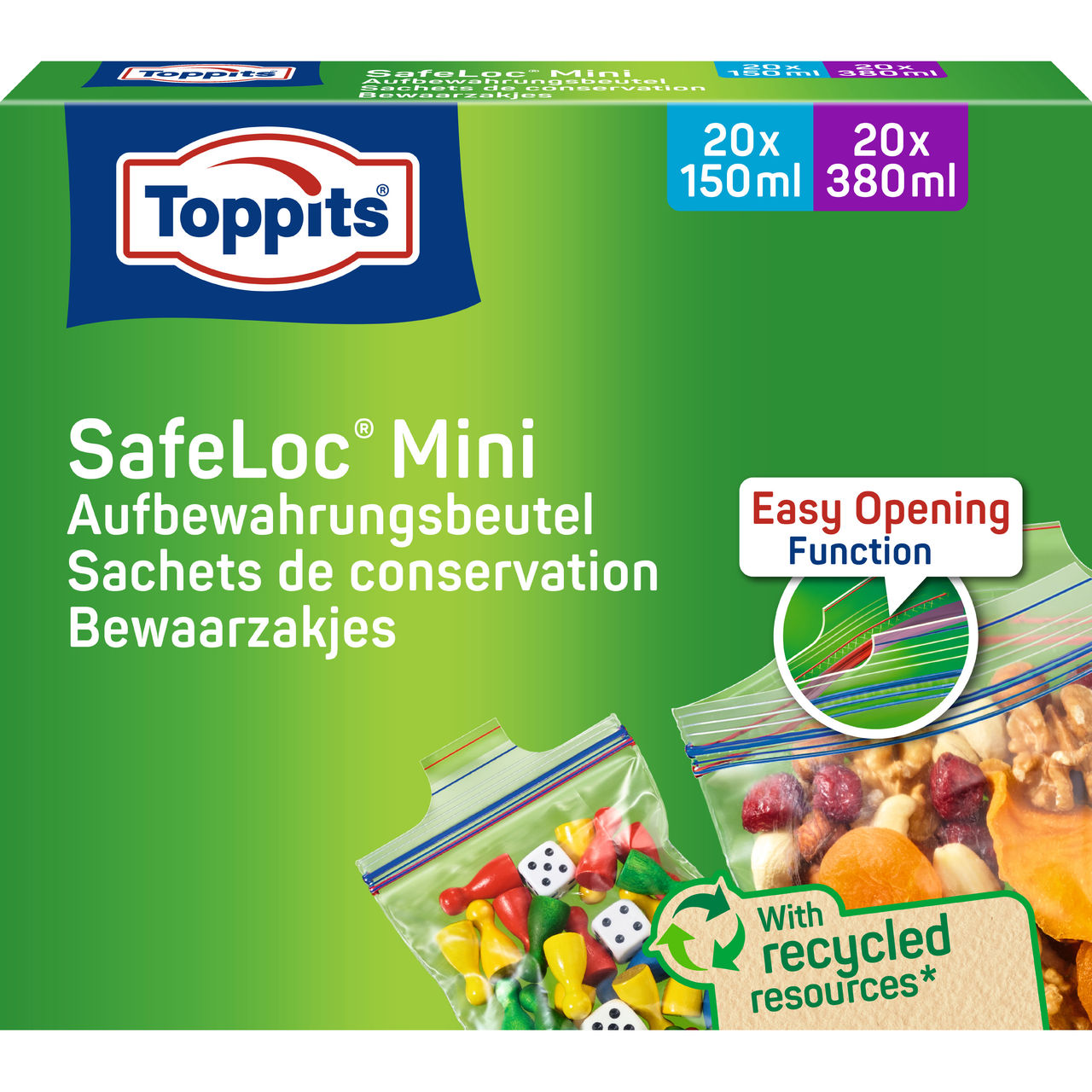Vorderseite der Verpackung der Toppits® SafeLoc®-Mini Beutel