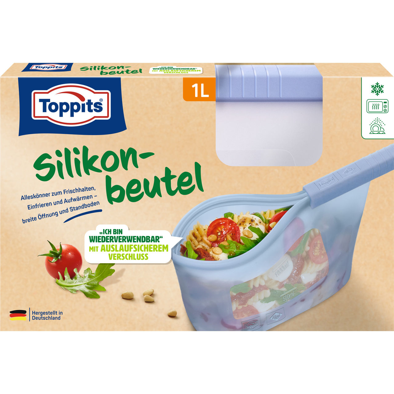 Toppits, Silicone Bag 1L, new flash removal 2025, Packshot, DE, GS1