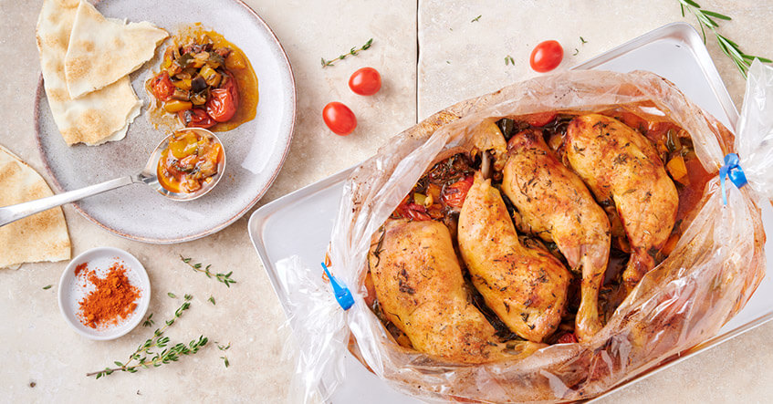 Knusprige Hähnchenschenkel auf Ratatouille Gemüse im Toppits Bratschlauch